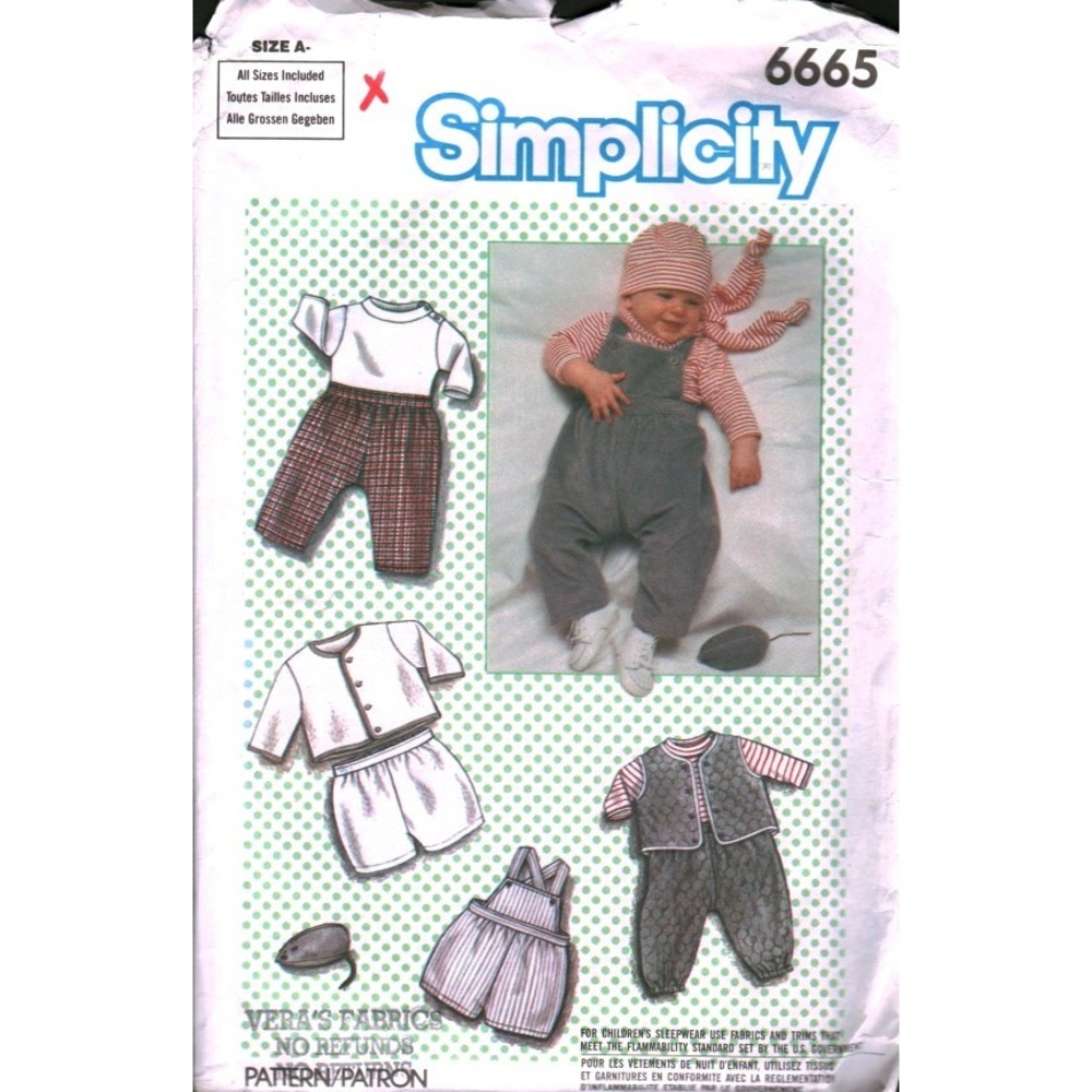 Simplicity‎ 6665 Baby Layette Sewing Pattern Overalls Jacket Hat Size A NB-18M